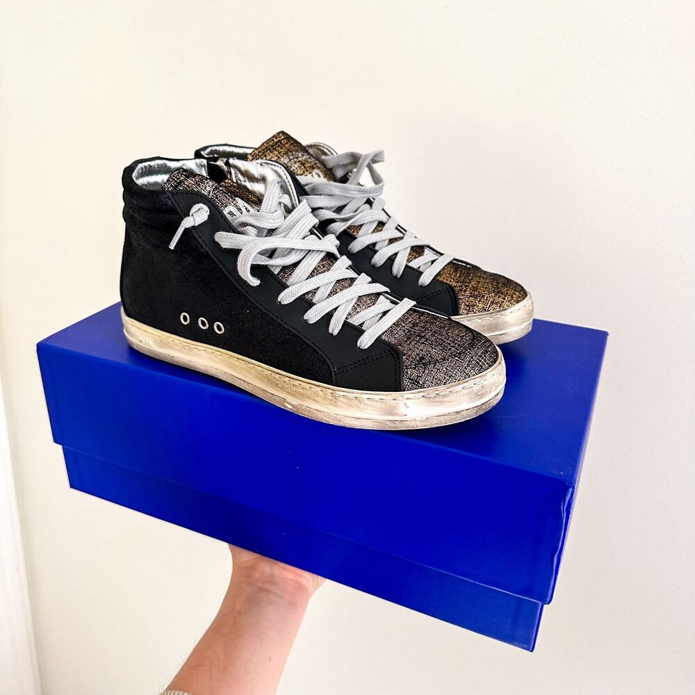 P448 Metallic Skate High Top Lace Up Sneakers Black/Gold 37 - Picture 3 of 7